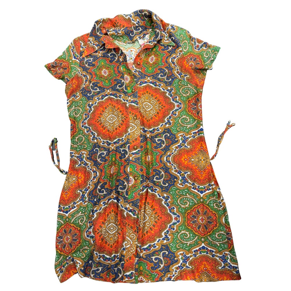 Vintage Patti Austin Paisley Mini Dress Cinch Waist Boho Festival M